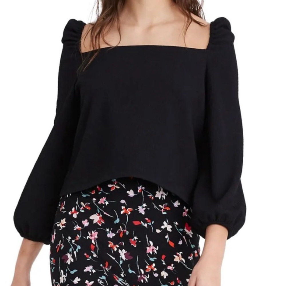 Madewell Crepe Square-Neck Puff-Sleeve Top Black XS